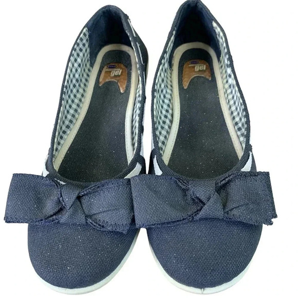 Dr. Scholl's Canvas Bow Tie Low Wedge Pump Slip On Shoes Size 10M Blue Glitters - Picture 3 of 16